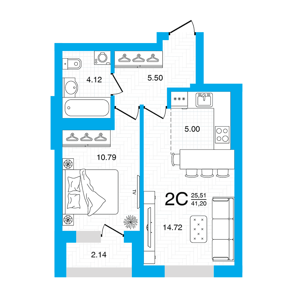 Планировка 2-комн. квартира 41.2 м²
