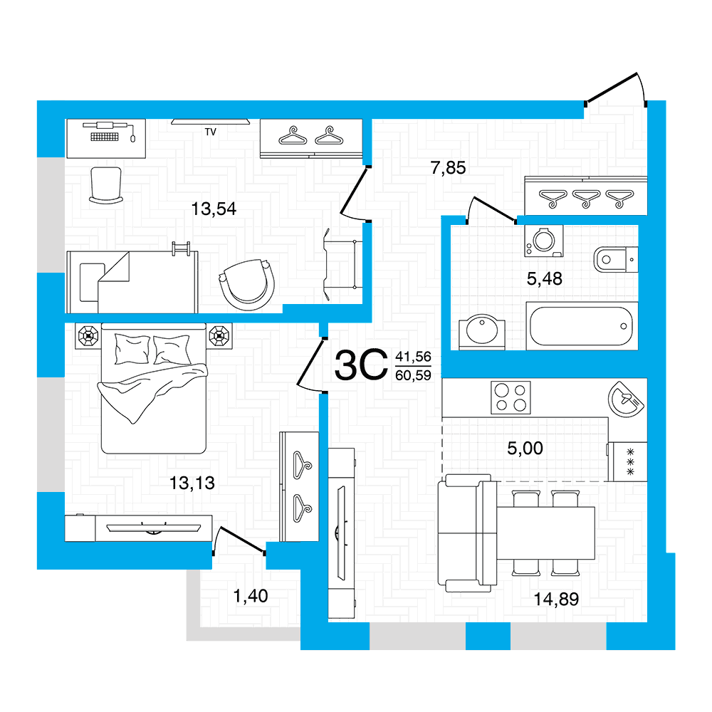 Планировка 3-комн. квартира 60.59 м²