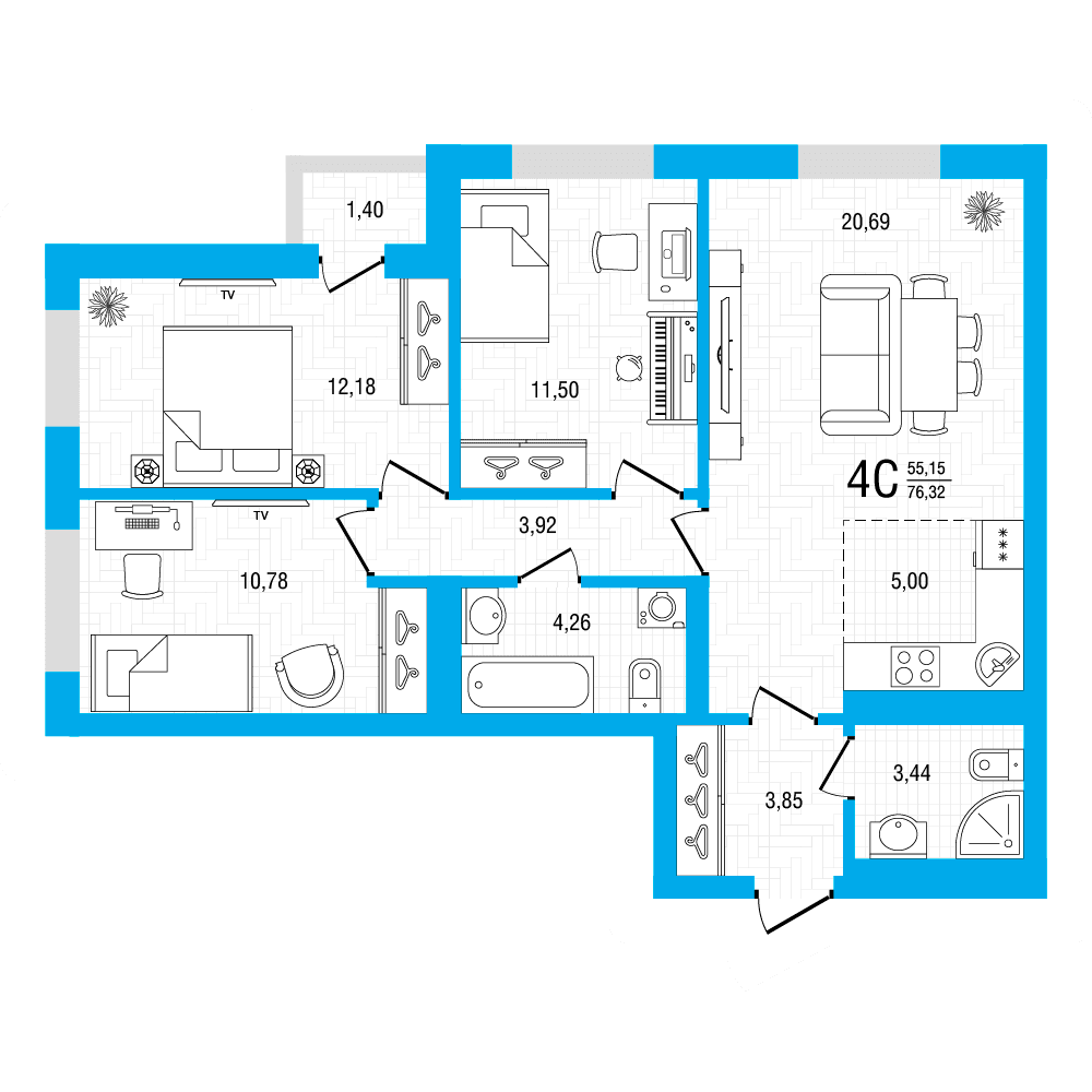Планировка 4-комн. квартира 76.32 м²
