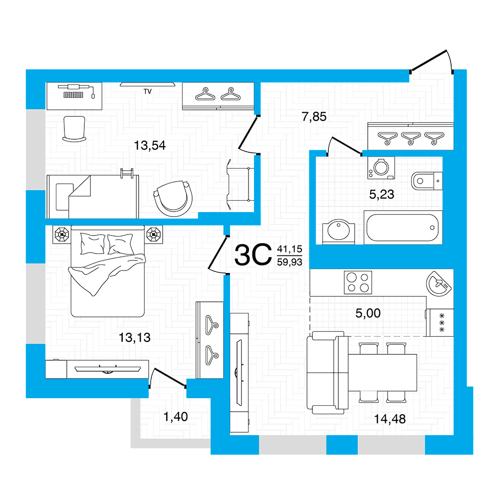 Планировка 3-комн. квартира 59.93 м²