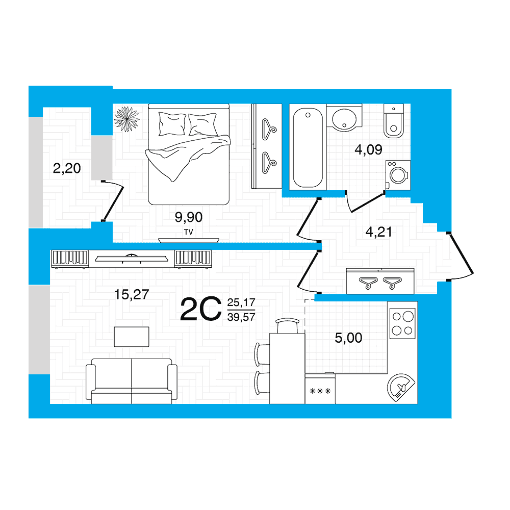 Планировка 2-комн. квартира 39.57 м²