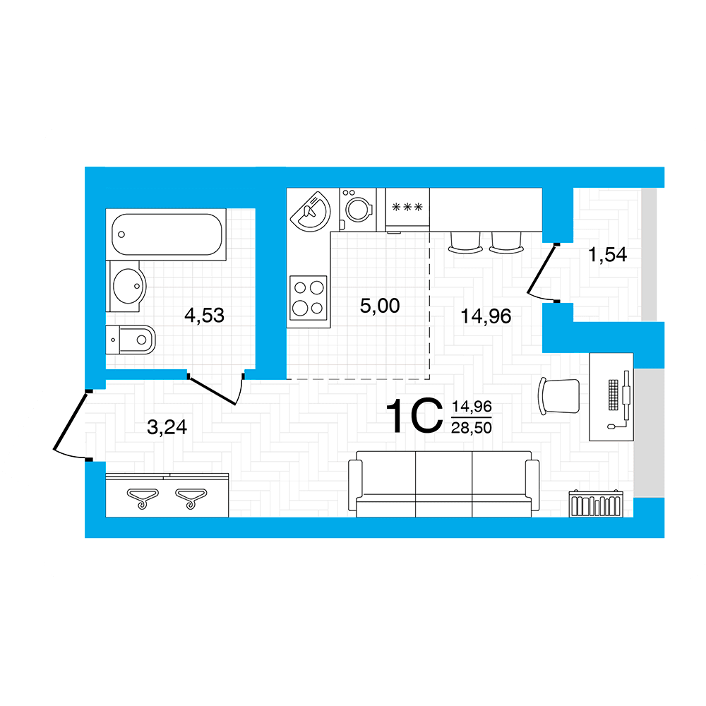 Планировка студия 28.5 м²