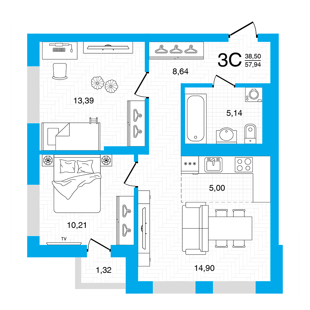 Планировка 3-комн. квартира 57.94 м²