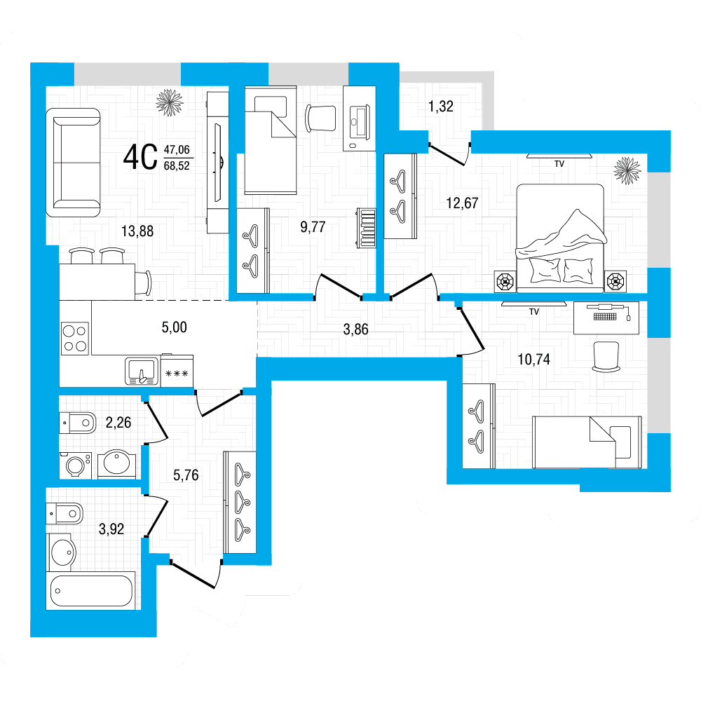 Планировка 4-комн. квартира 68.52 м²