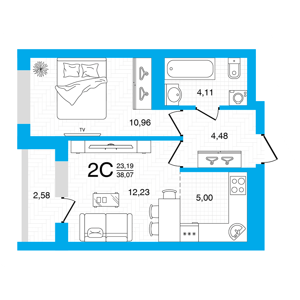 Планировка 2-комн. квартира 38.07 м²