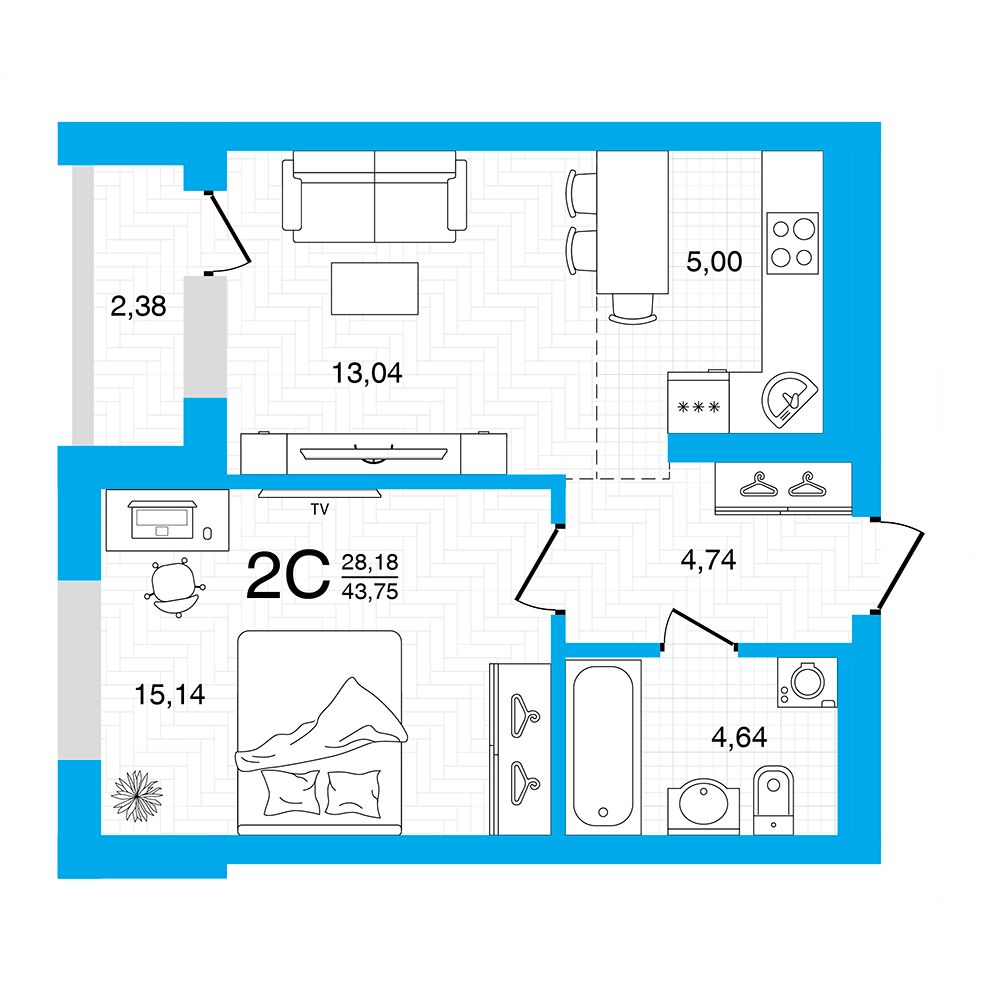 Планировка 2-комн. квартира 43.75 м²