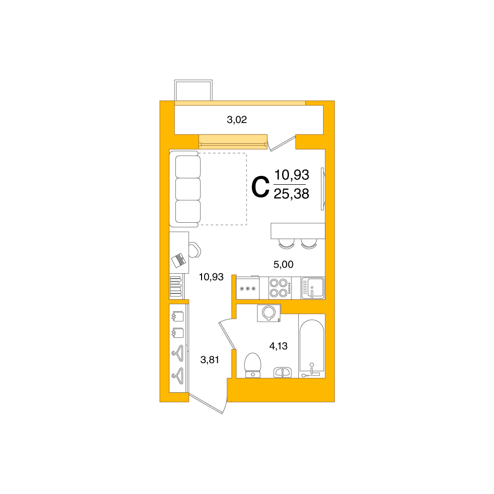 Планировка студия 25.38 м²