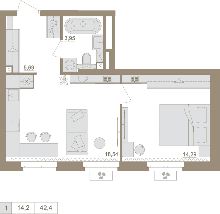 Планировка 1-комн. квартира 42.47 м²