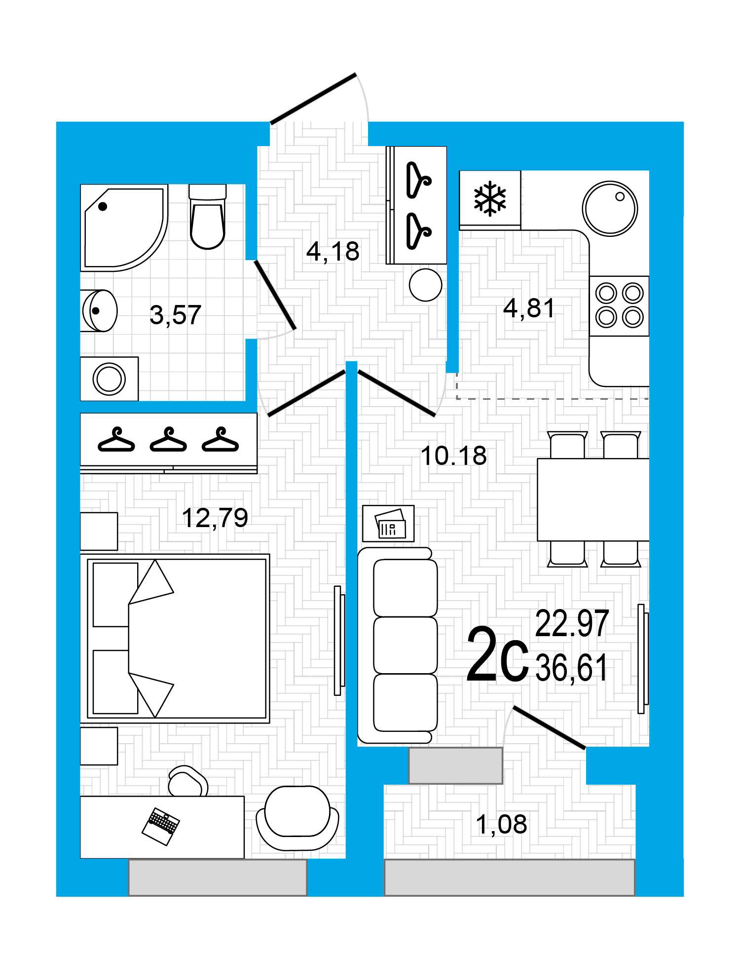 Планировка 2-комн. квартира 36.61 м²