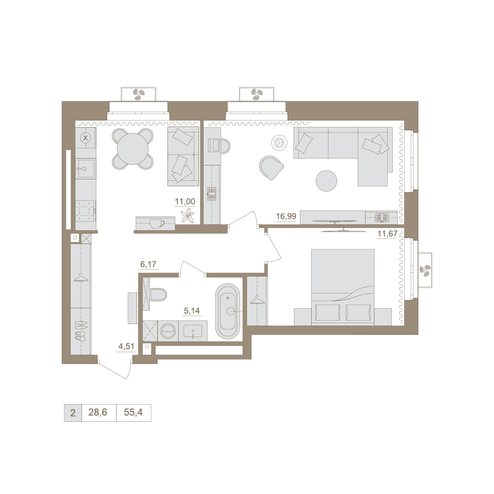 Планировка 2-комн. квартира 55.48 м²