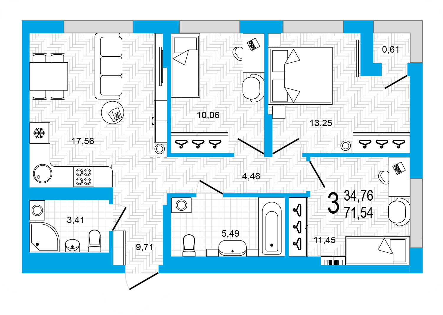 Планировка 3-комн. квартира 71.54 м²