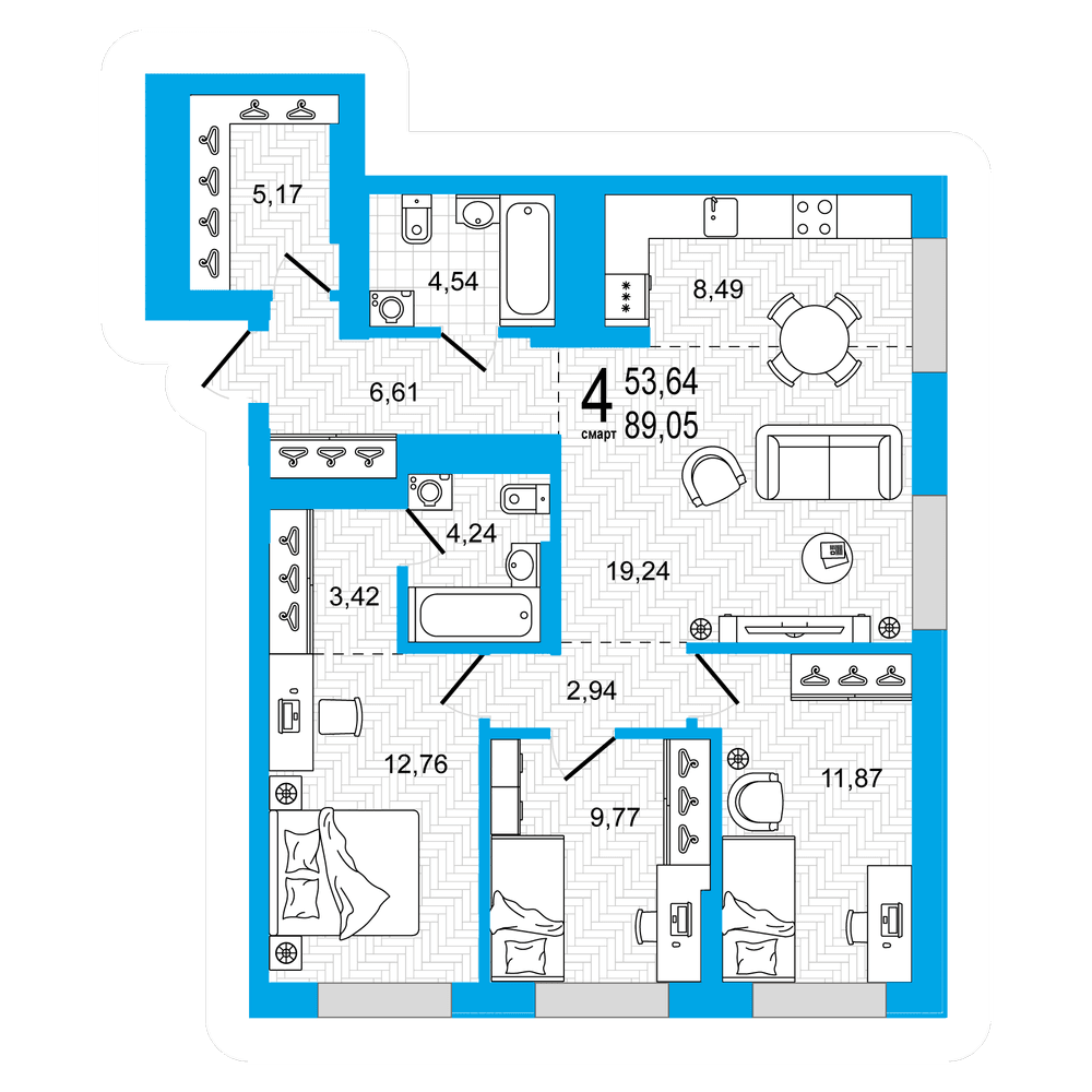 Планировка 3-комн. квартира 89.05 м²