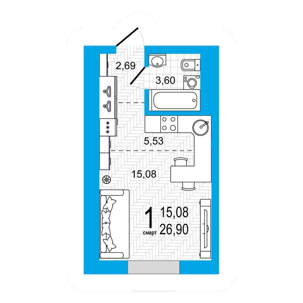 Планировка студия 26.9 м²