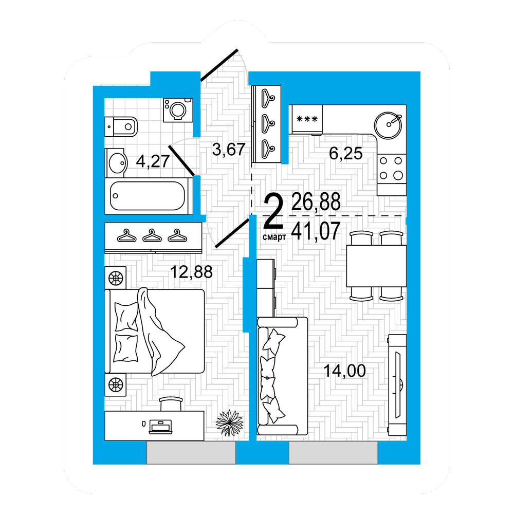 Планировка 1-комн. квартира 41.07 м²