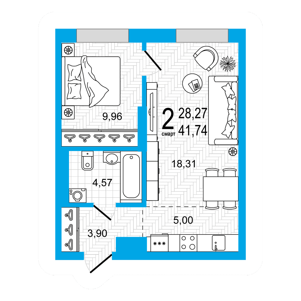 Планировка 1-комн. квартира 41.74 м²