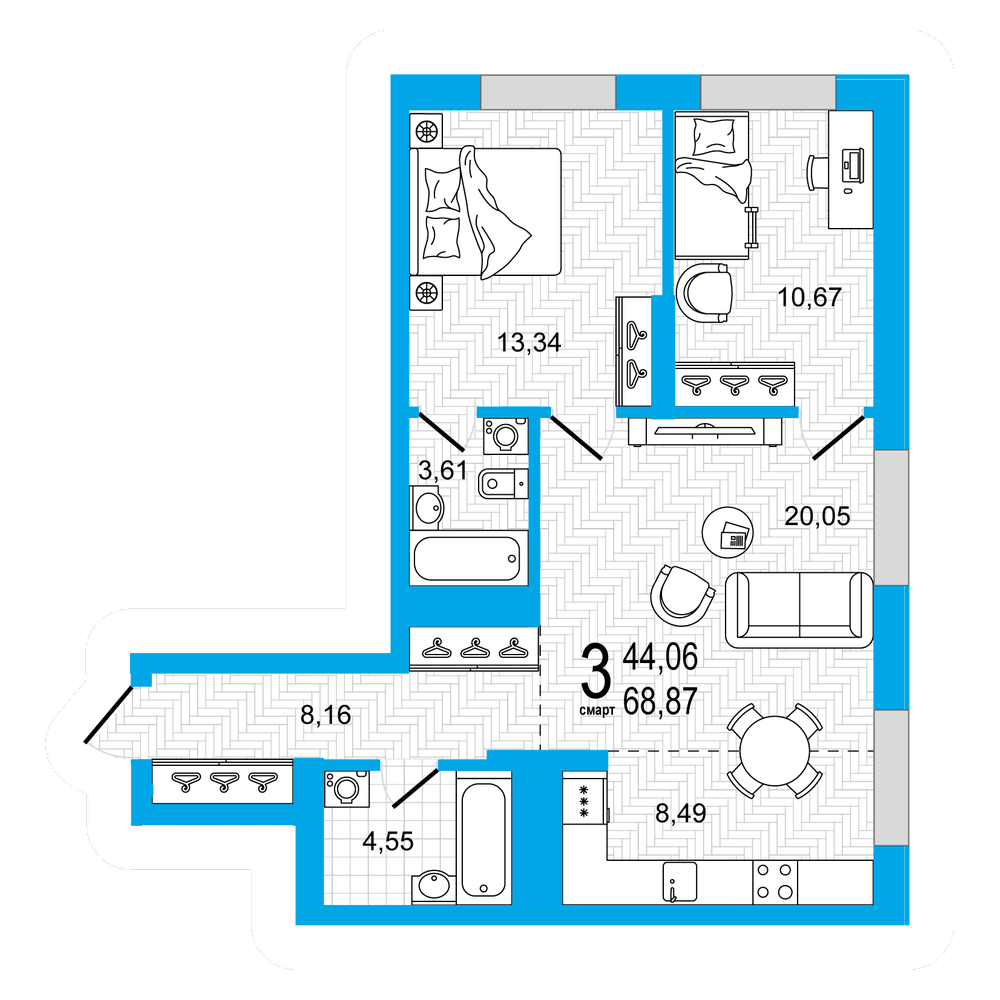 Планировка 2-комн. квартира 68.87 м²