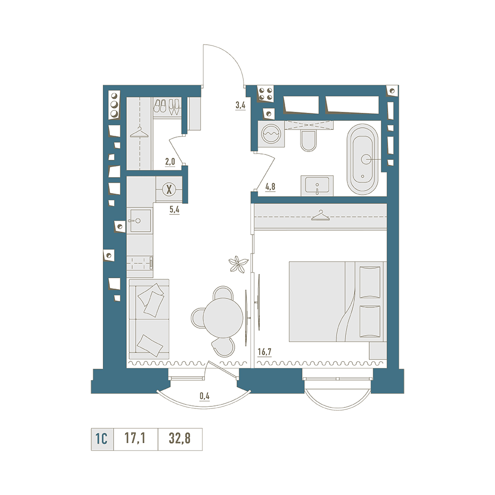 Планировка студия 32.8 м²