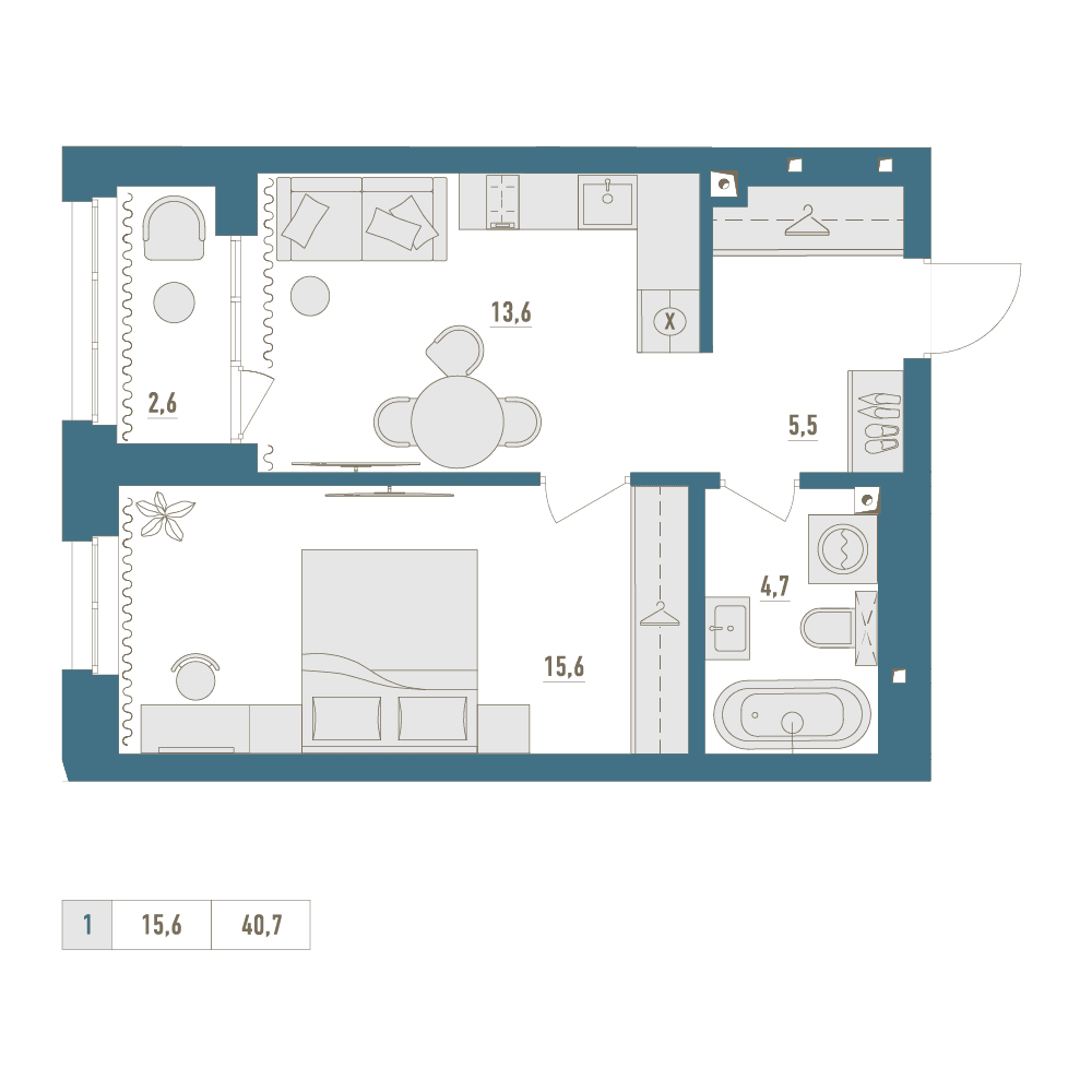 Планировка 1-комн. квартира 40.7 м²
