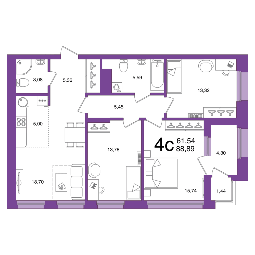 Планировка 4-комн. квартира 88.89 м²