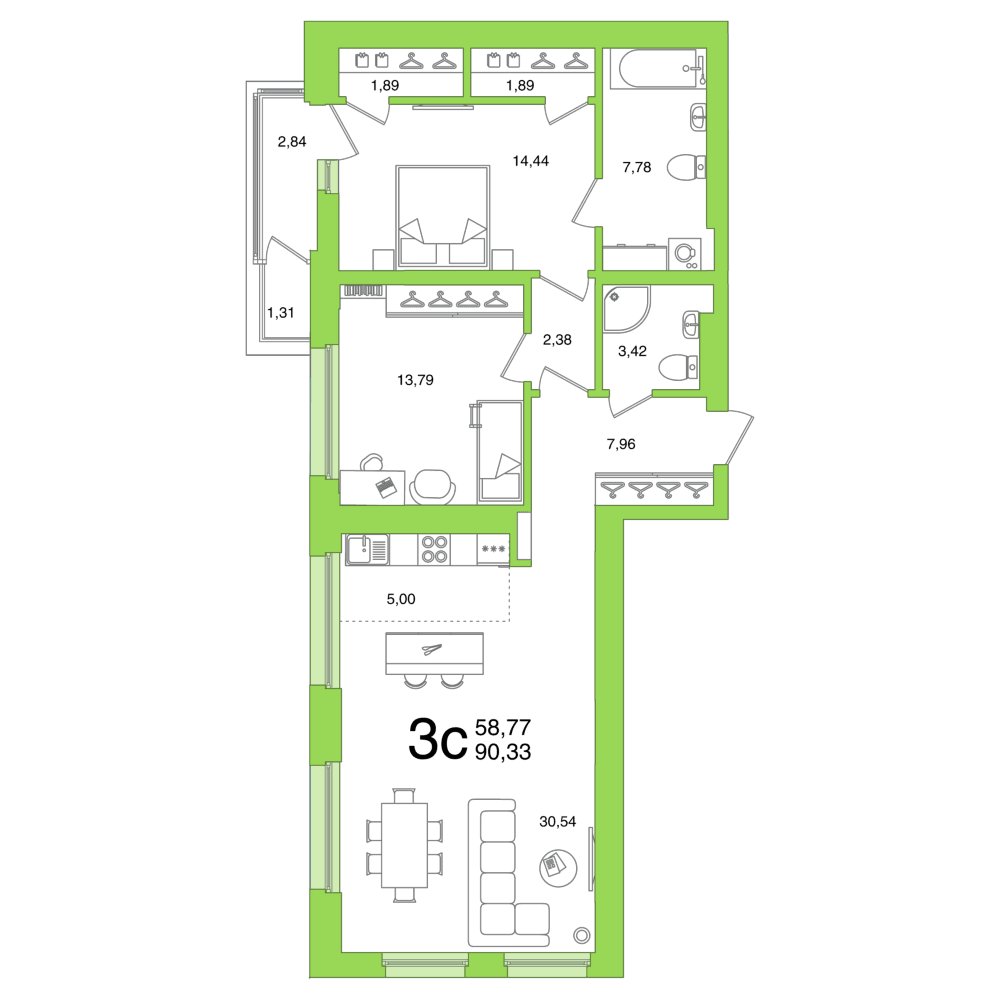 Планировка 3-комн. квартира 90.33 м²
