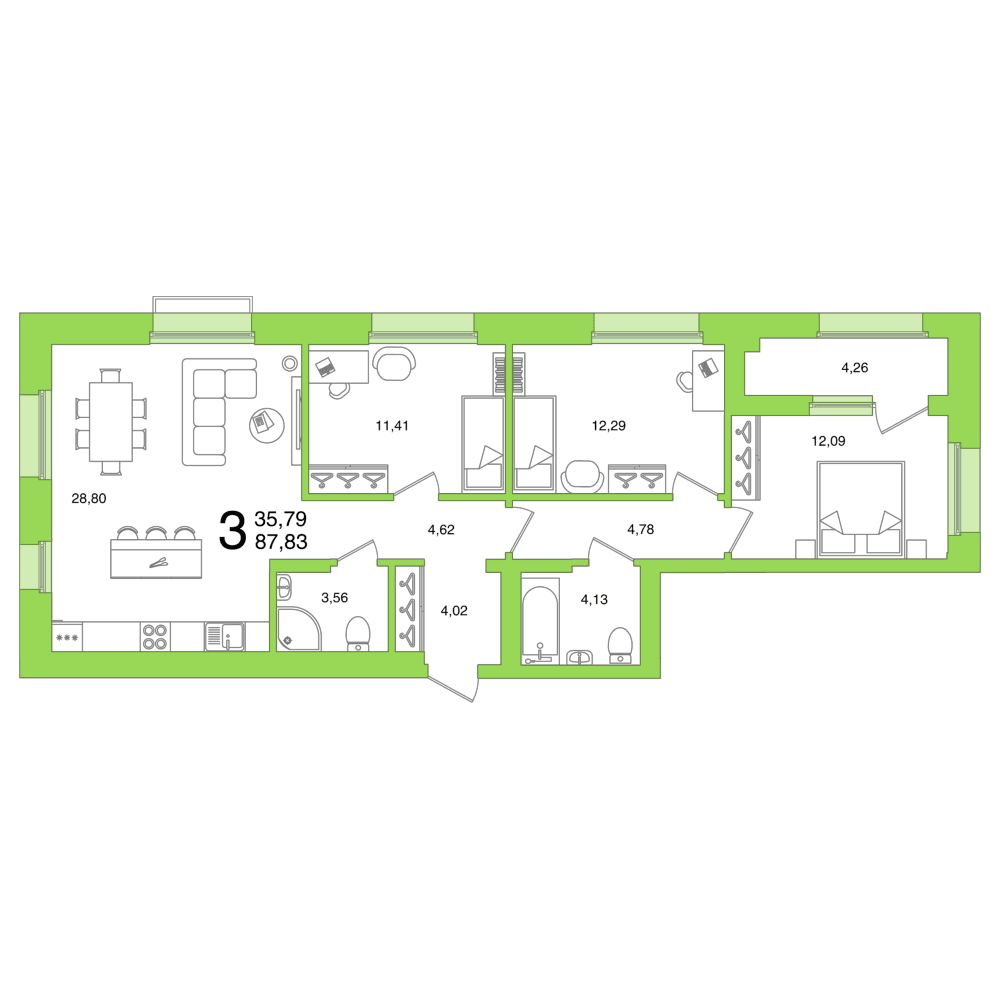 Планировка 3-комн. квартира 87.83 м²