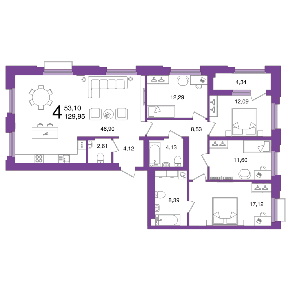 Планировка 4-комн. квартира 129.95 м²
