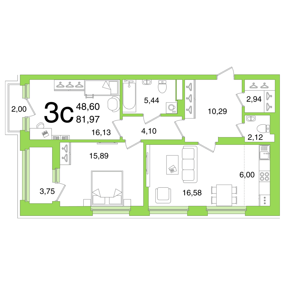 Планировка 3-комн. квартира 81.97 м²