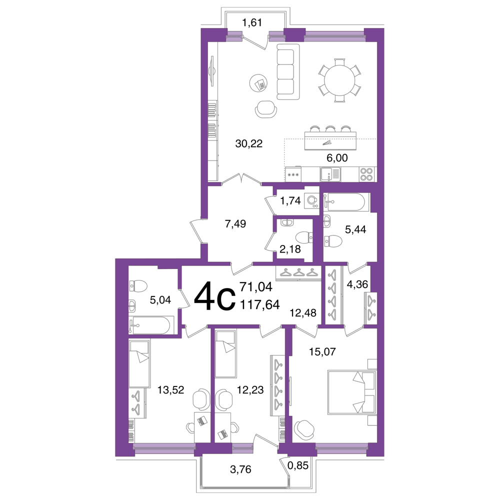 Планировка 4-комн. квартира 117.64 м²