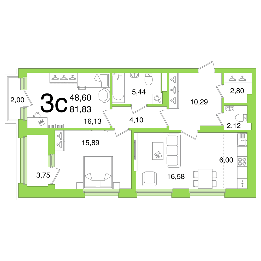 Планировка 3-комн. квартира 81.83 м²