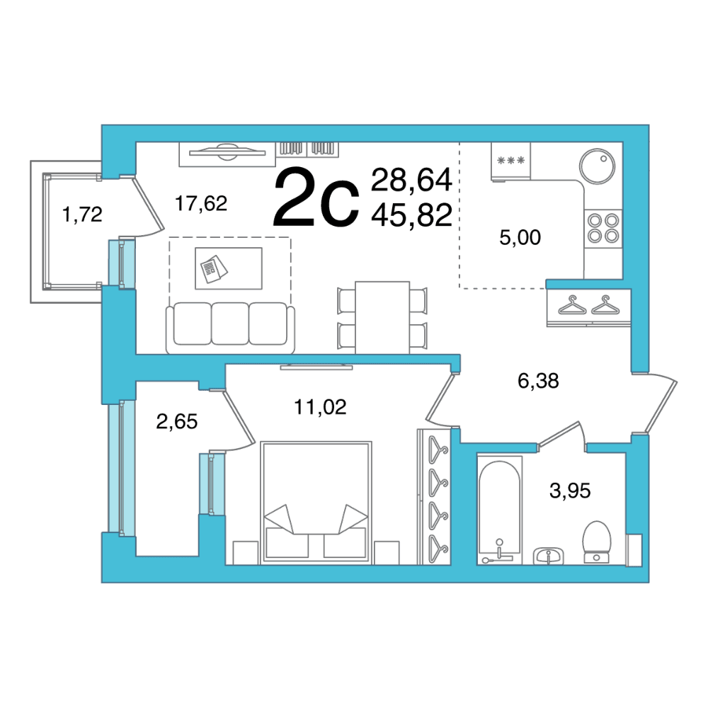 Планировка 2-комн. квартира 45.82 м²