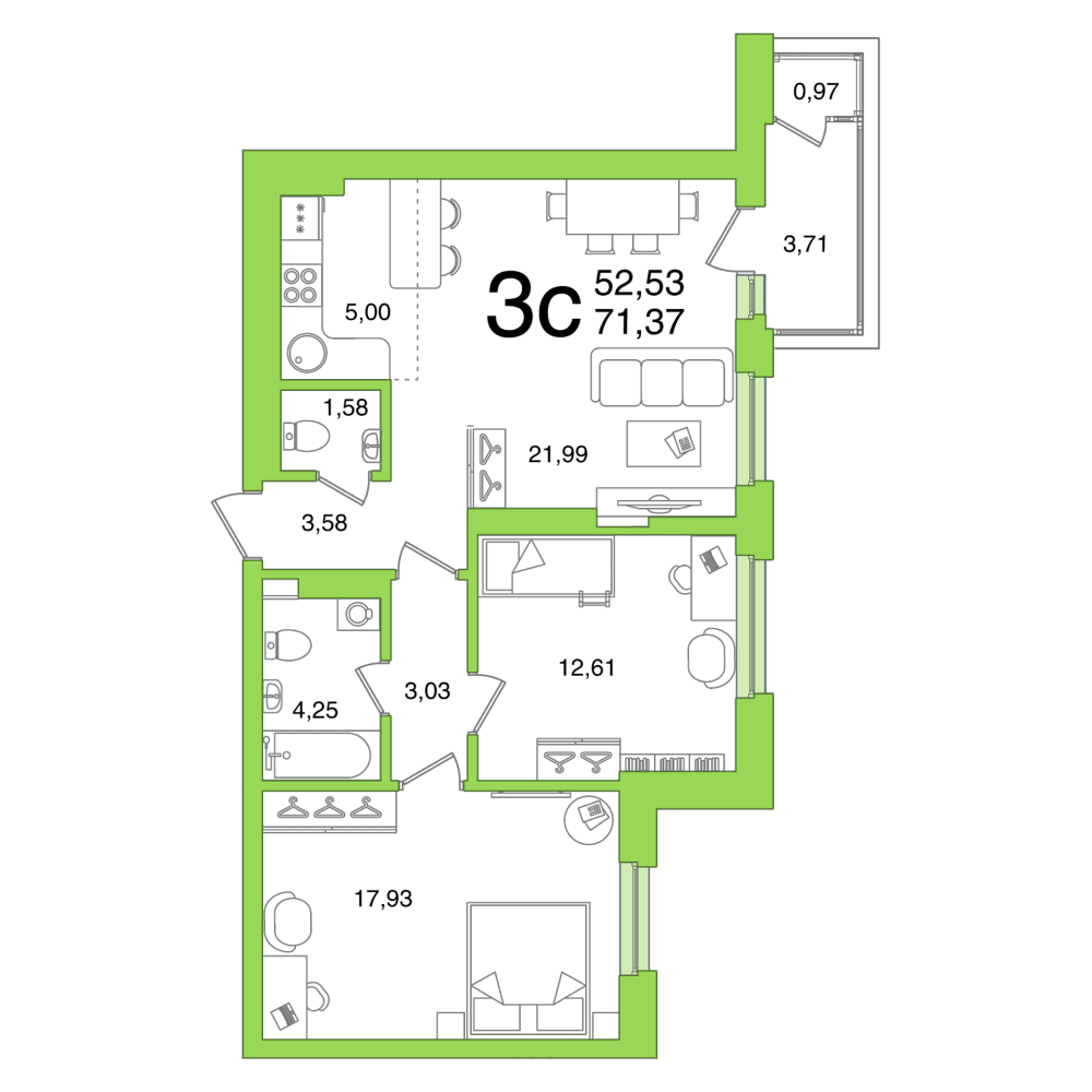 Планировка 3-комн. квартира 71.37 м²