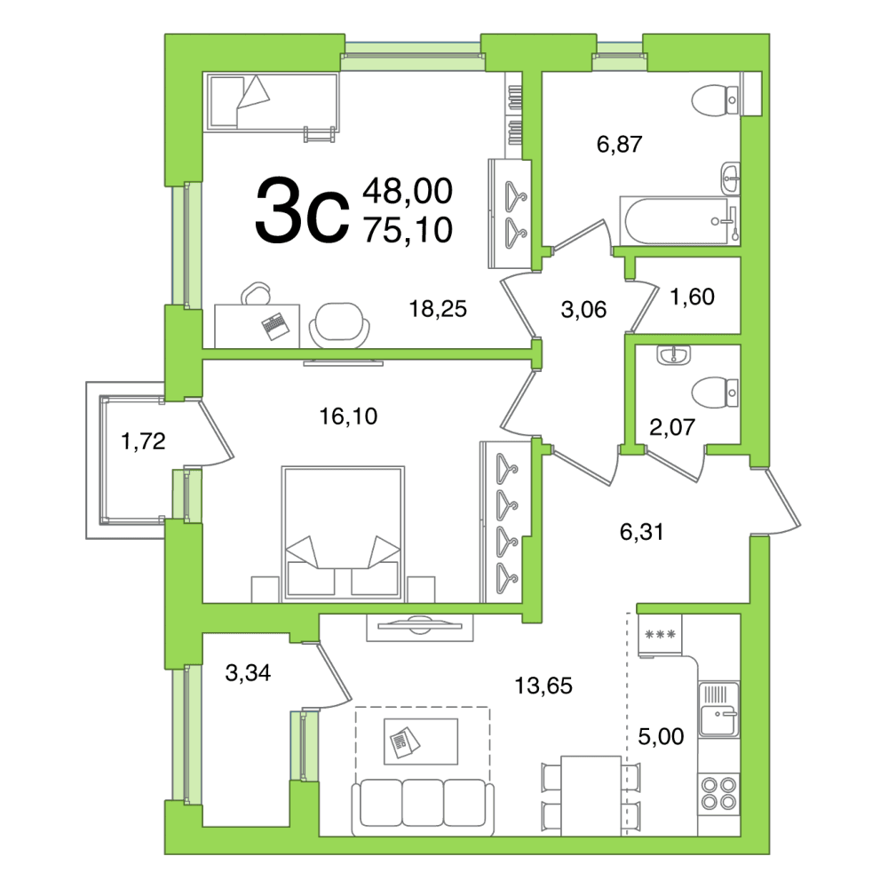 Планировка 3-комн. квартира 75.1 м²