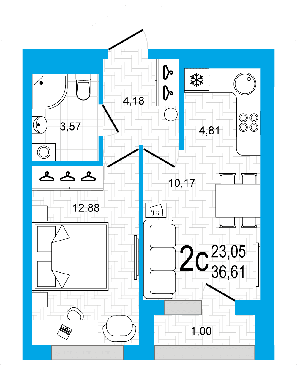 Планировка 2-комн. квартира 36.61 м²