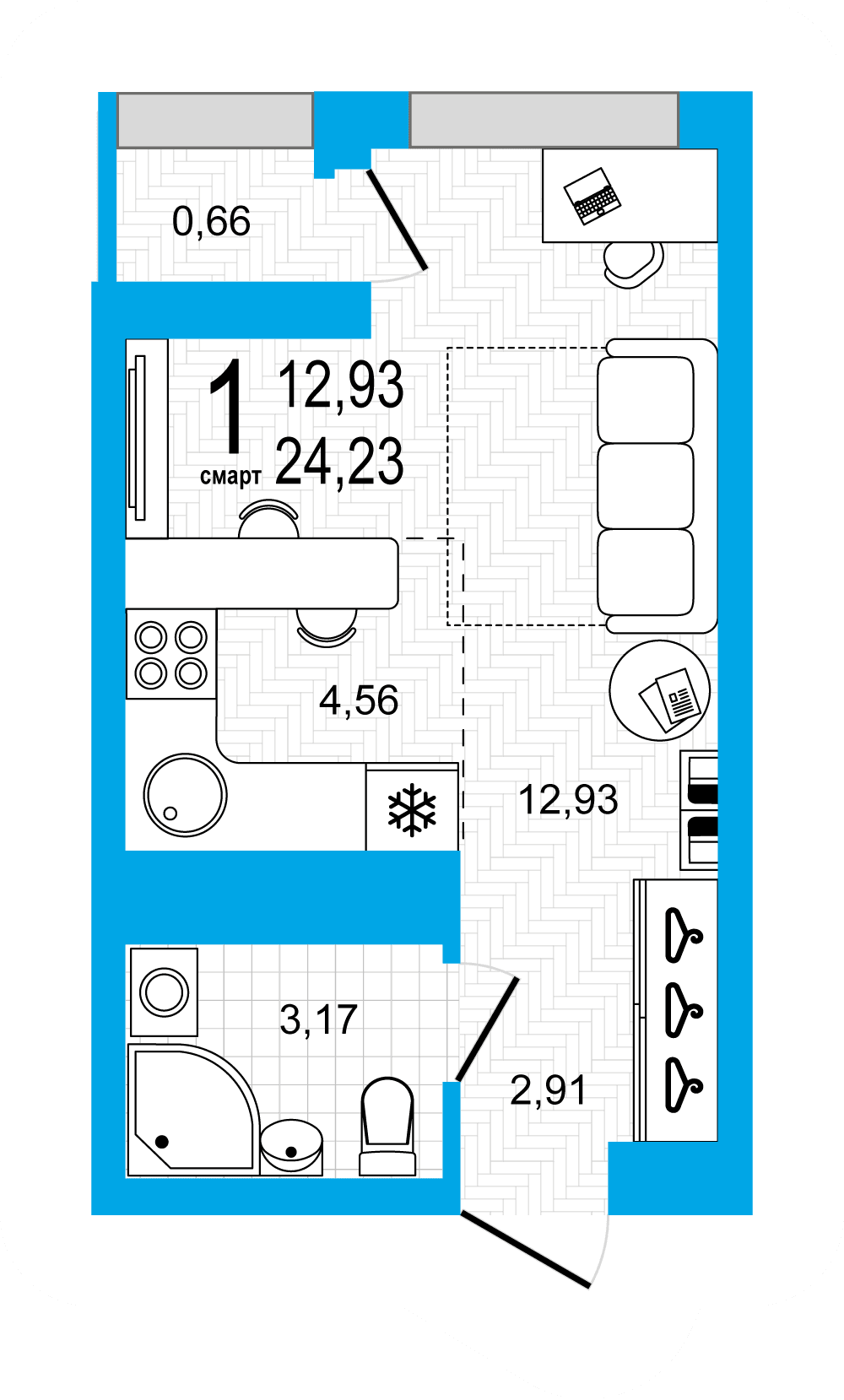 Планировка студия 24.23 м²