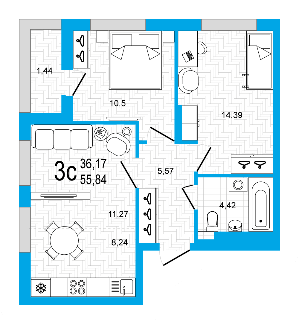 Планировка 3-комн. квартира 55.84 м²