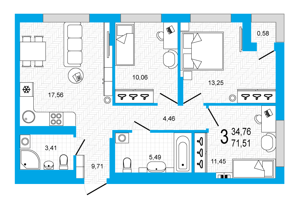 Планировка 3-комн. квартира 71.54 м²