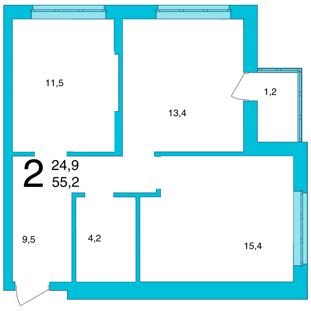 Планировка 2-комн. квартира 55.2 м²