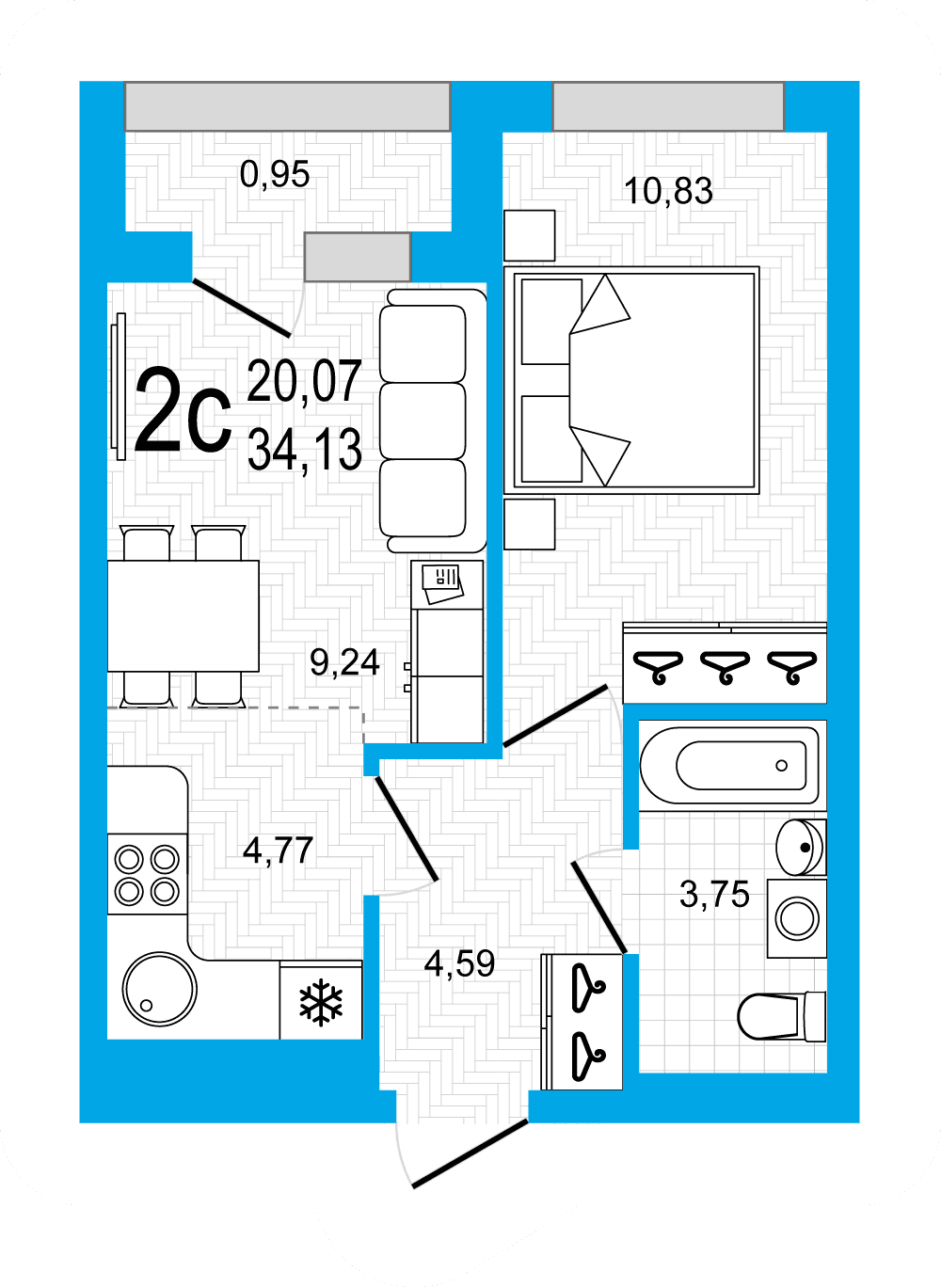 Планировка 2-комн. квартира 34.13 м²