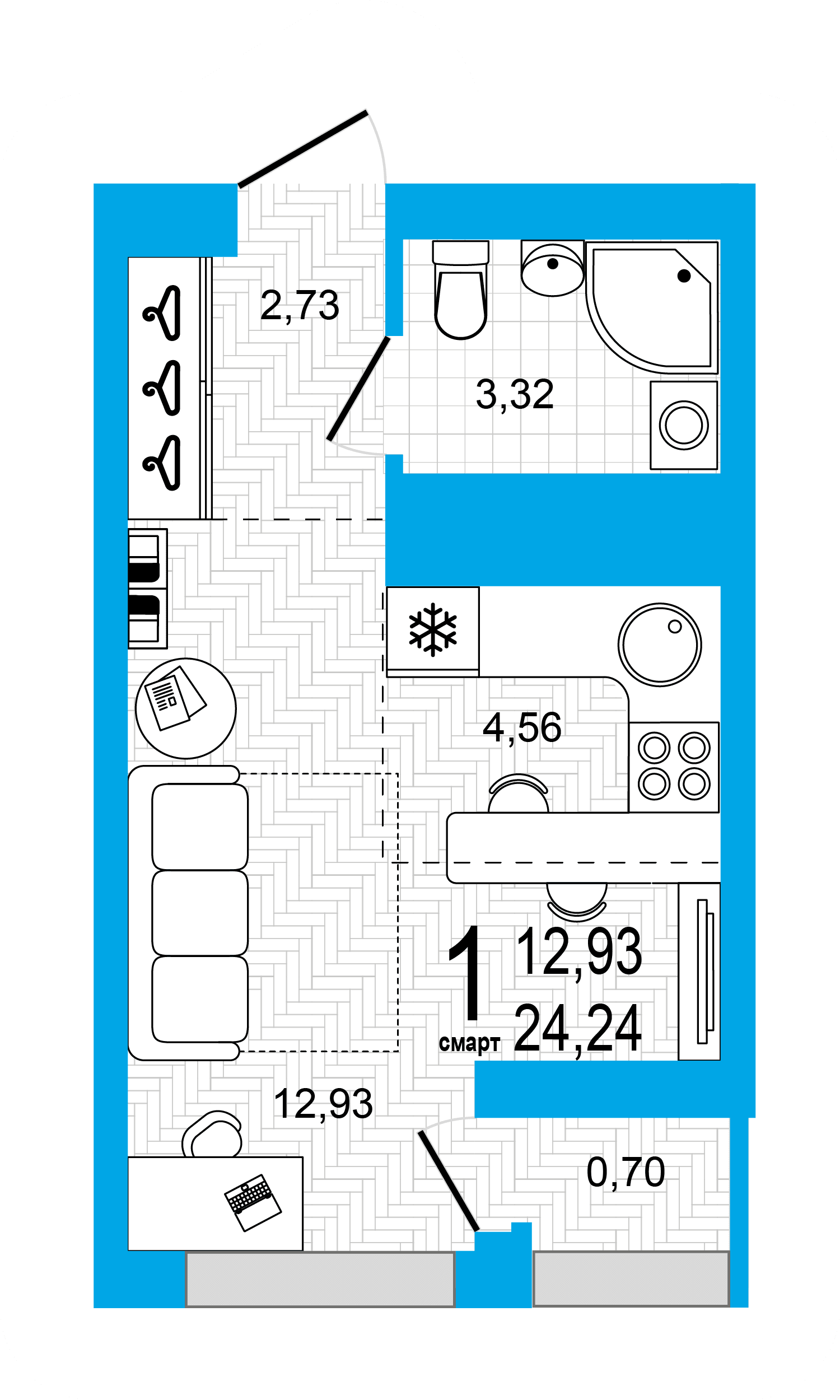 Планировка студия 24.24 м²