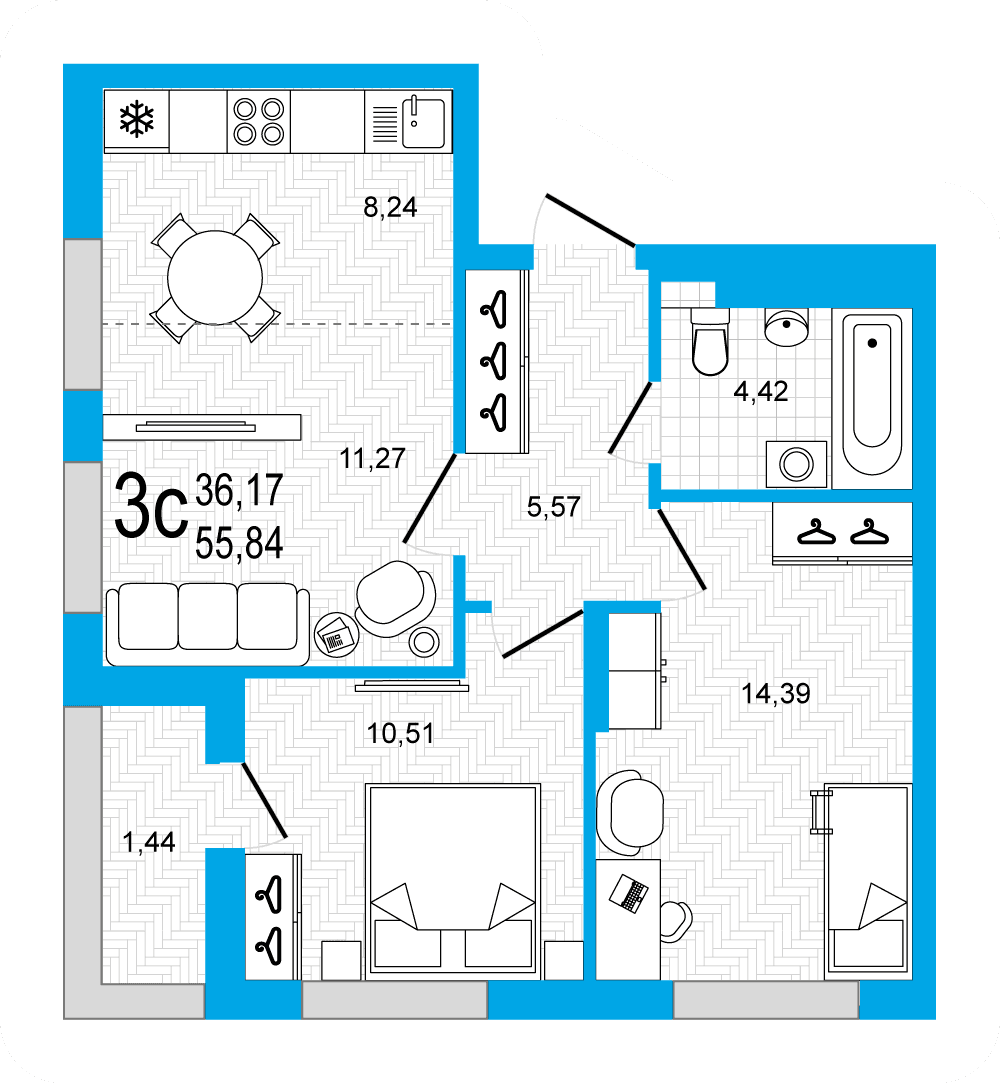 Планировка 3-комн. квартира 55.72 м²