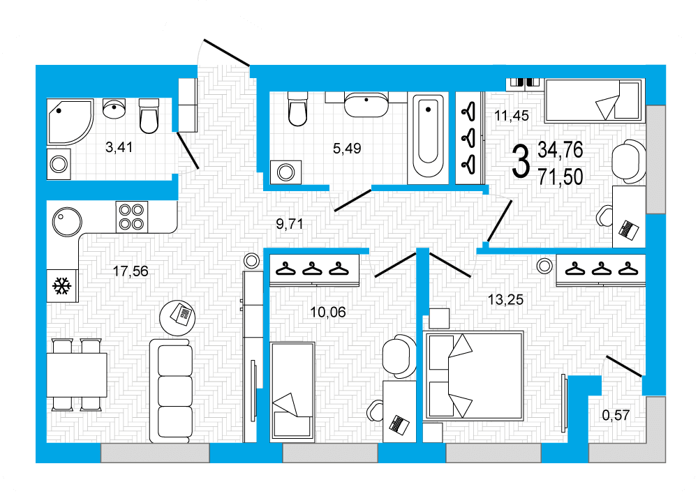 Планировка 3-комн. квартира 71.5 м²