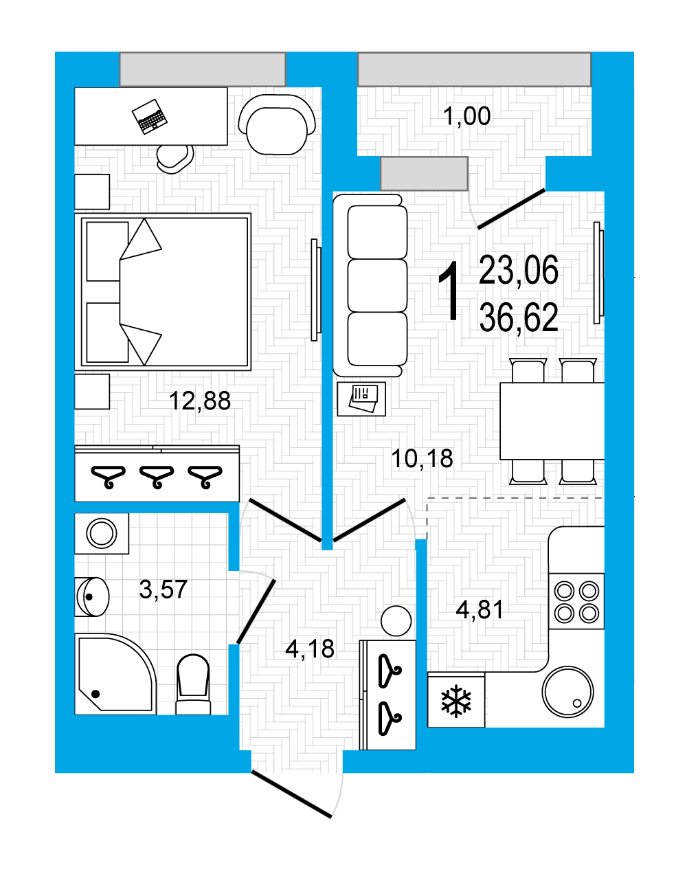 Планировка 2-комн. квартира 36.62 м²