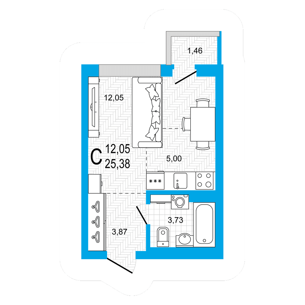 Планировка студия 25.38 м²