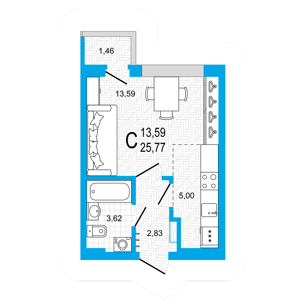 Планировка студия 25.77 м²