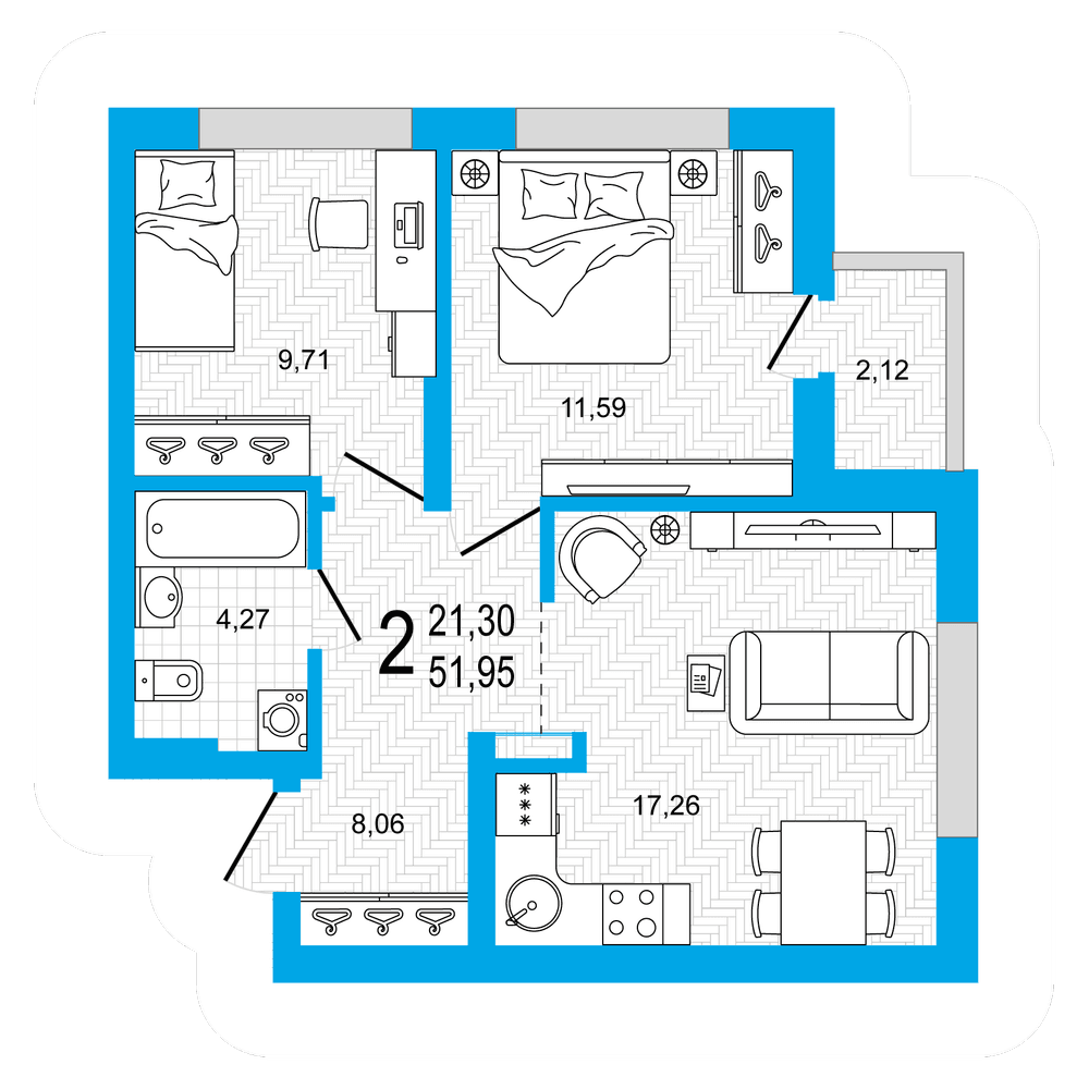 Планировка 2-комн. квартира 51.95 м²