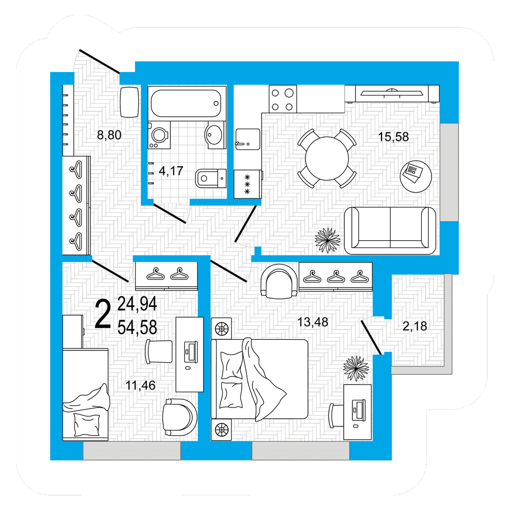 Планировка 2-комн. квартира 54.58 м²