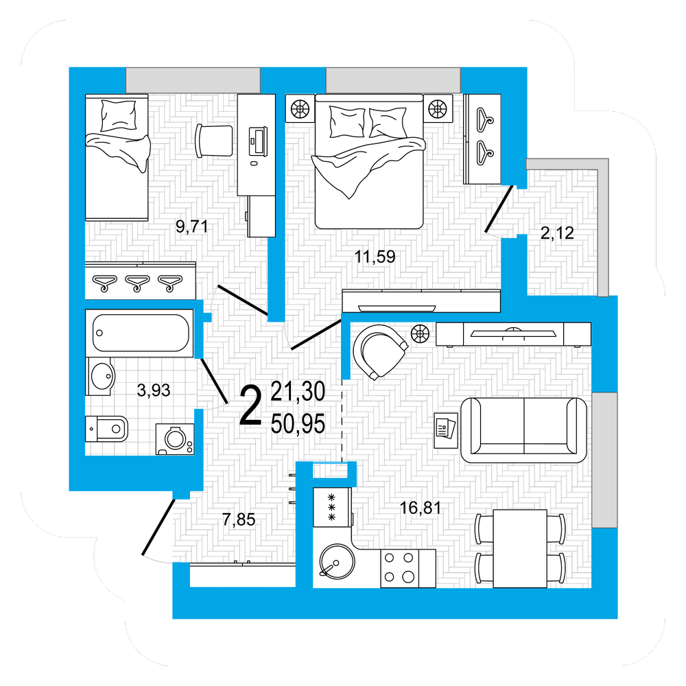 Планировка 2-комн. квартира 50.95 м²