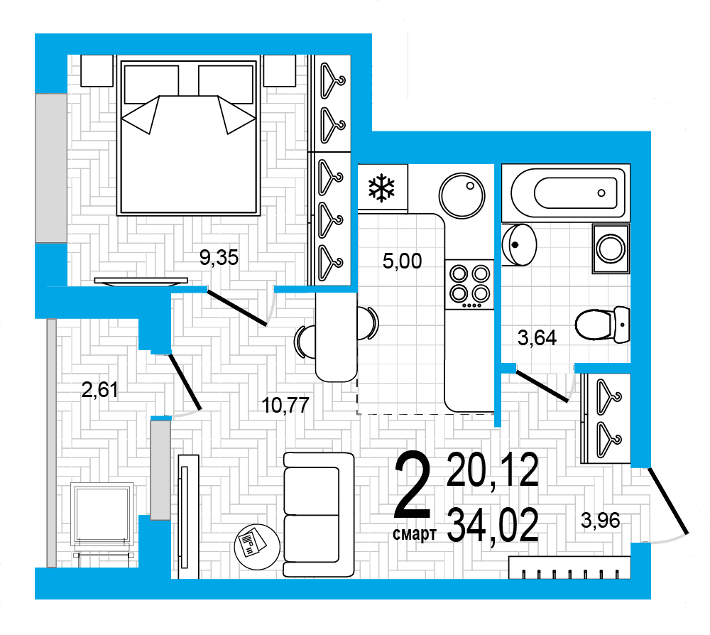Планировка 2-комн. квартира 34.02 м²