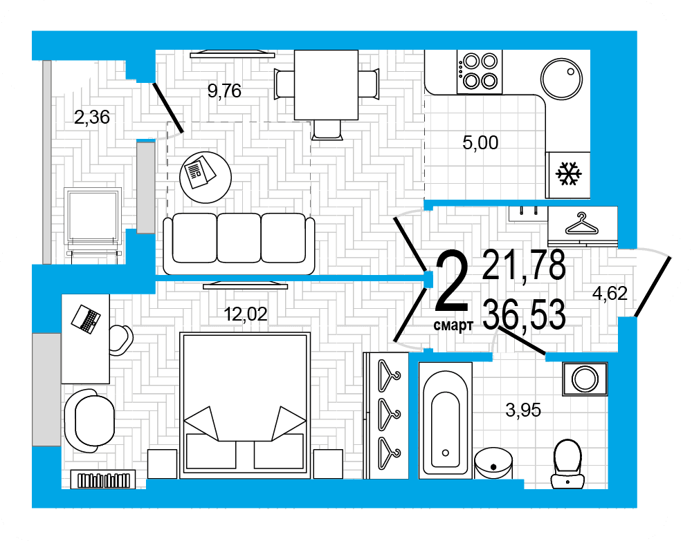 Планировка 2-комн. квартира 36.53 м²