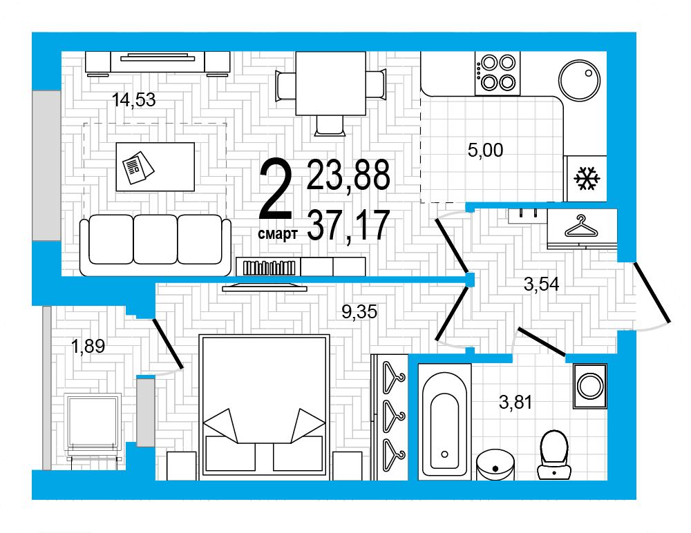 Планировка 2-комн. квартира 37.17 м²
